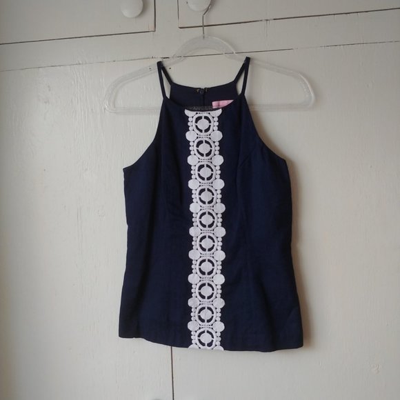 LILLY PULITZER Annabelle Halter Top Navy & White - Picture 1 of 11